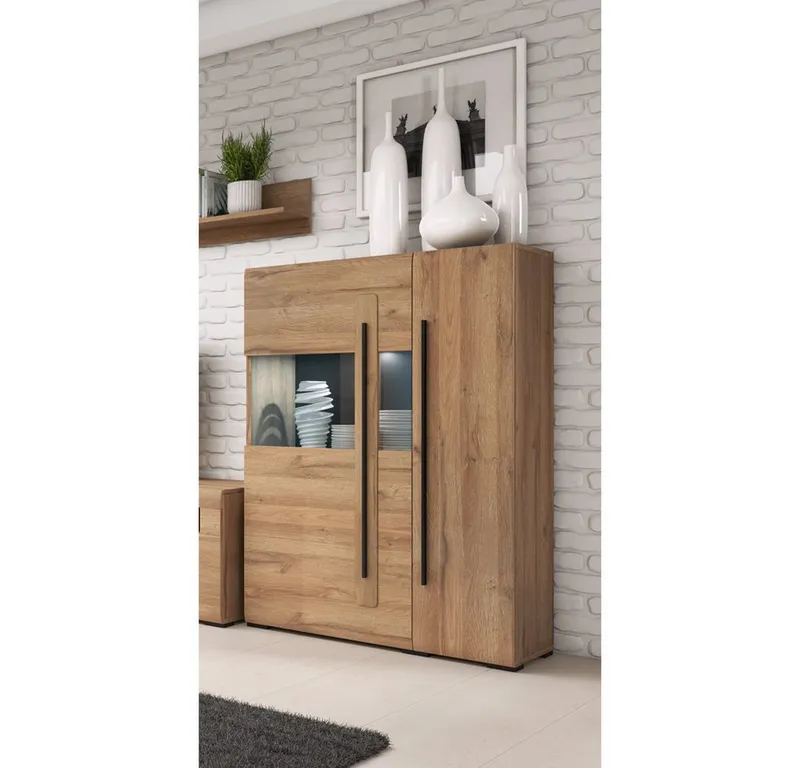 Lomadox Wohnwand TURDA-83, (2-St., Couchtisch Highboard Lowboard Sideboard Vitrine Wandregal), Eiche braun Metallgriffe inkl. LED Beleuchtung modern nachhaltig, Braun, – Produktbild 4 von 5