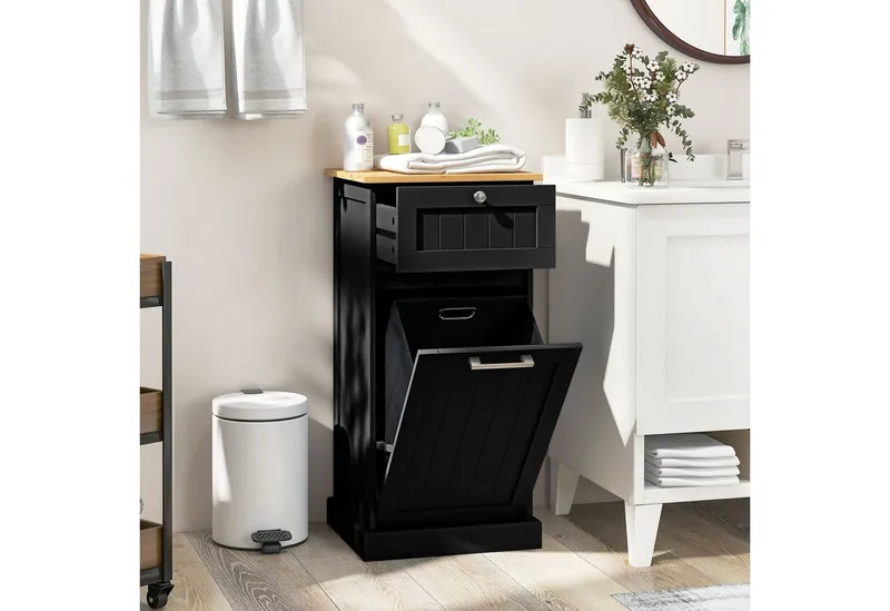 COSTWAY COSTWAY Wäscheschrank mit Wäschekorb & Stauraum, Badezimmerschrank, Schwarz, – Produktbild 2 von 5