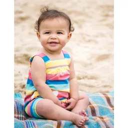 Frugi Frugi Spielanzug Hummel Latzhose Biene Beau Beach Dungaree Bright Rainbow Stripe/Bee – Produktbild 1 von 1