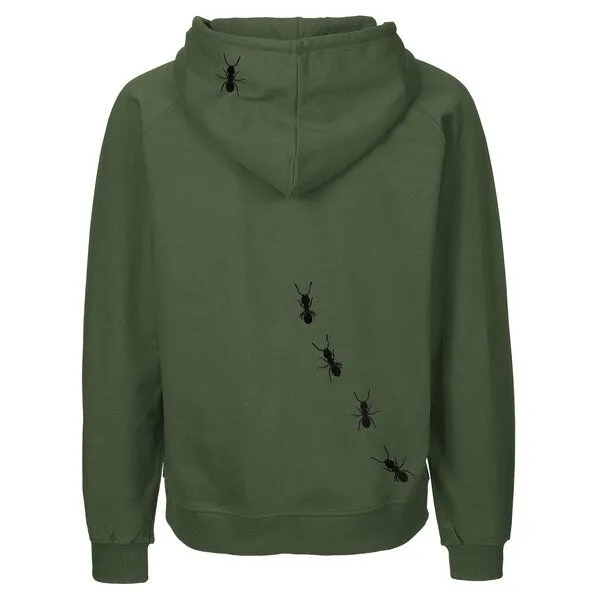 HANDGEDRUCKT HANDGEDRUCKT "Ameisen" Männer Zip-HOODY aus reiner Biobaumwolle (kbA), Militarygreen, – Produktbild 1 von 3