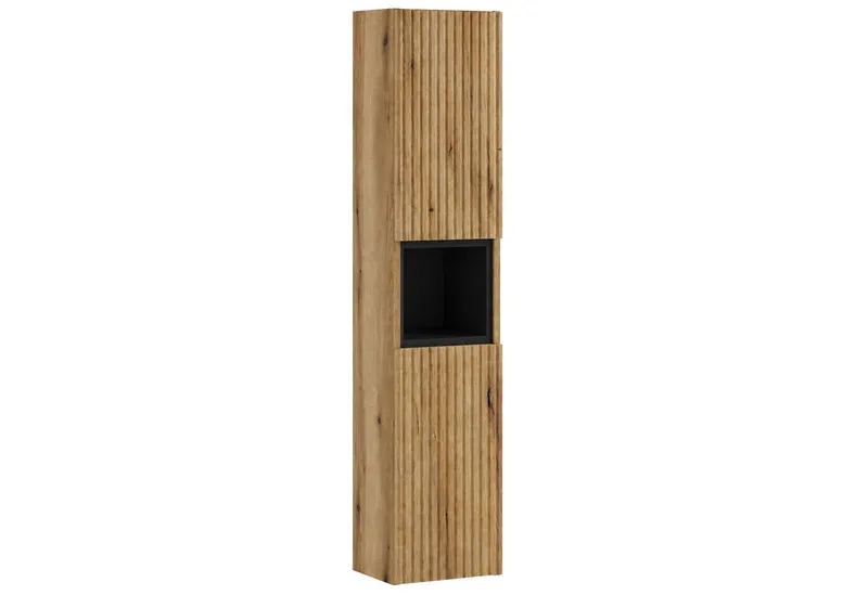 Lomadox Hochschrank NEWPORT-56-EVOKE Badschrank Eiche Rillen 30 cm Fach in Schwarz grifflos Softclose Türen, Braun, – Produktbild 1 von 5