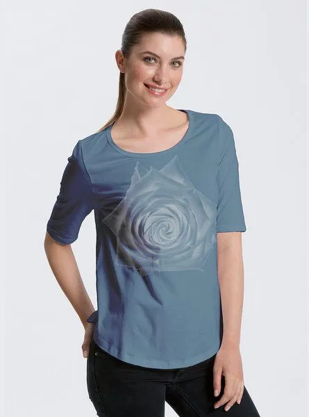 Peaces.bio - handbedruckte Biomode Peaces.bio - handbedruckte Biomode Bio-Halbarm Shirt Rose Damen, Blaugrau, – Produktbild 1 von 2