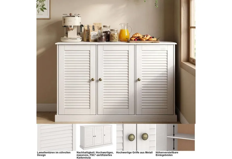 OTTO home Sideboard Turia, mit Lamellentüren, Kommode aus massivem Kiefernholz, FSC®, Breite 125 cm, Beige, – Produktbild 3 von 5