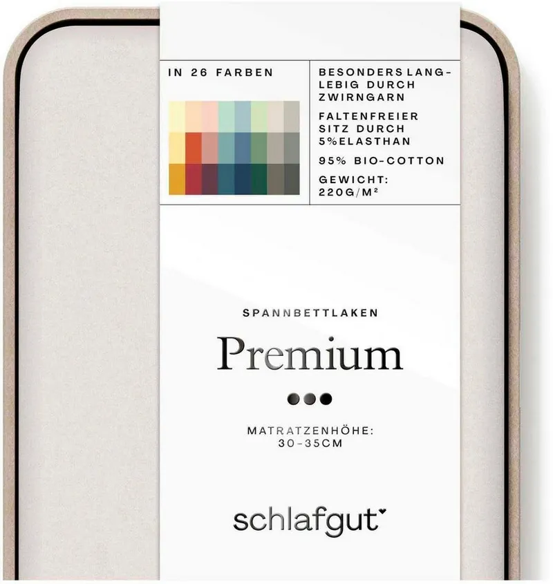 Schlafgut Schlafgut Spannbettlaken PREMIUM Mako-Zwirn-Jersey, 220 g/m², 95% Bio-Baumwolle, 5% Elasthan, Mako-Zwirn-Jersey, Gummizug: rundum, (1 Stück), Bettlaken bis 30 cm Höhe, PREMIUM-Qualität langlebig, perfekter Sitz, Beige, – Produktbild 3 von 5