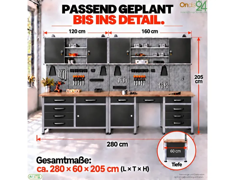 ONDIS24 Werkstatt-Set Werkstatt-Set Herkules 280 cm Werkbank 11 Schubladen Hängeschränke – Produktbild 3 von 5
