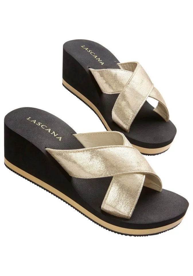 Lascana Lascana Badeschuhe, Flip Flop, Badelatsche, Sandale Badepantolette Pantolette mit Keilabsatz und Metallic-Optik VEGAN, Goldfarben|schwarz, – Produktbild 3 von 5