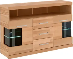 OTTO home Sideboard Ribe,125cm breit, Fronten Massivholz,5 Fächer,Böden versetzbar, Korpus Holzwerkstoff,Türen mit Glaseinsatz,3 Schubladen,Metallgriffe – Produktbild 1 von 1