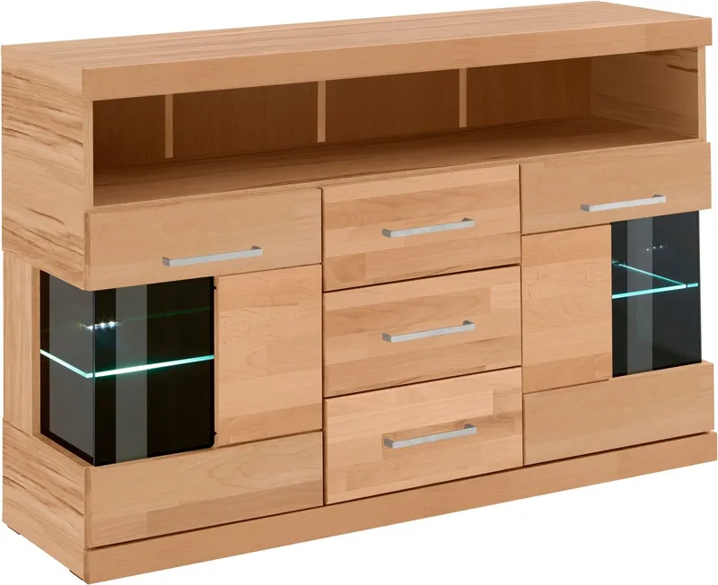 OTTO home Sideboard Ribe,125cm breit, Fronten Massivholz,5 Fächer,Böden versetzbar, Korpus Holzwerkstoff,Türen mit Glaseinsatz,3 Schubladen,Metallgriffe, Braun, – Produktbild 1 von 5