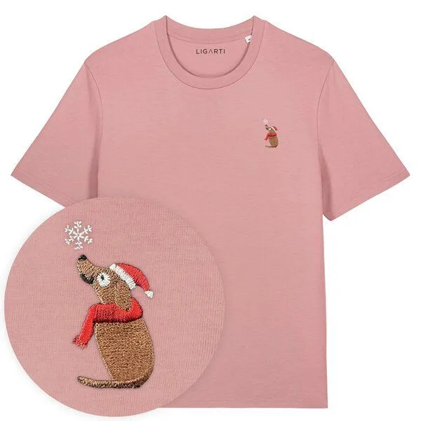 LIGARTI Besticktes T-Shirt – Thomas der Weihnachtshund – LIGARTI Tiermanufaktur, Altrosa, – Produktbild 1 von 3