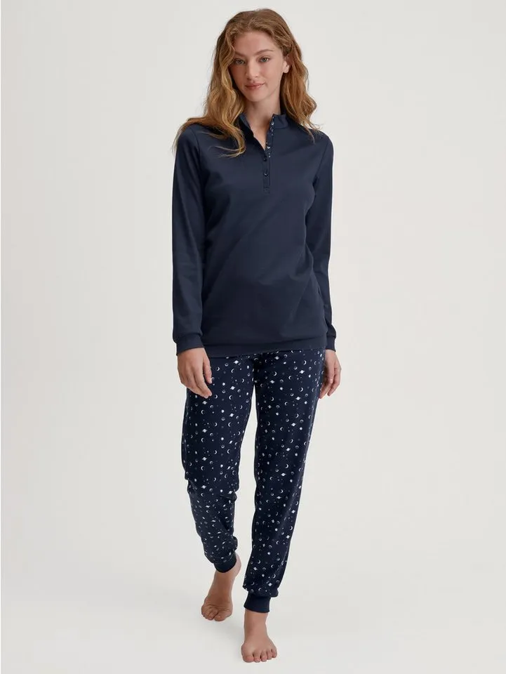 CALIDA CALIDA Schlafanzug Midnight Dreams (2 tlg) V-Ausschnitt, Langarm, Single Jersey Qualität, weich, Blau, – Produktbild 1 von 5