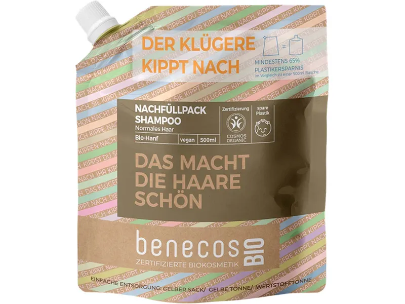 Benecos benecos Bio-Shampoo-Nachfüllbeutel 'Normales Haar' mit Bio-Hanf, 500 ml – Produktbild 1 von 1