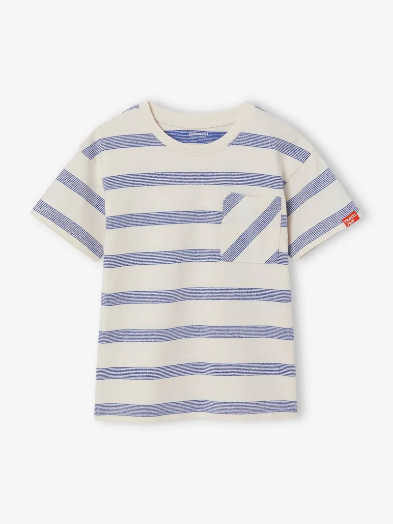 Vertbaudet Jungen T-Shirt aus Strick mit Streifen, Weiß gestreift, – Produktbild 1 von 3