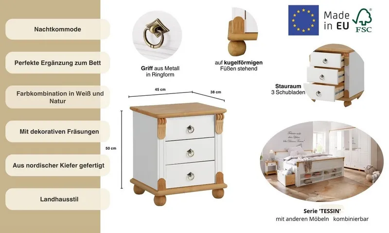 OTTO home Nachtkommode Tessin, aus massiver FSC®-zertifizierter Kiefer, mit 3 Schubladen, Weiß, – Produktbild 1 von 7