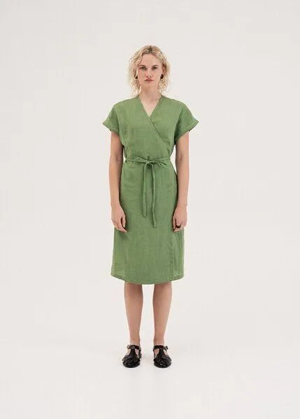 AmourLinen AmourLinen Wickelkleid aus Leinen OLIVIA, Matcha grün, – Produktbild 1 von 4