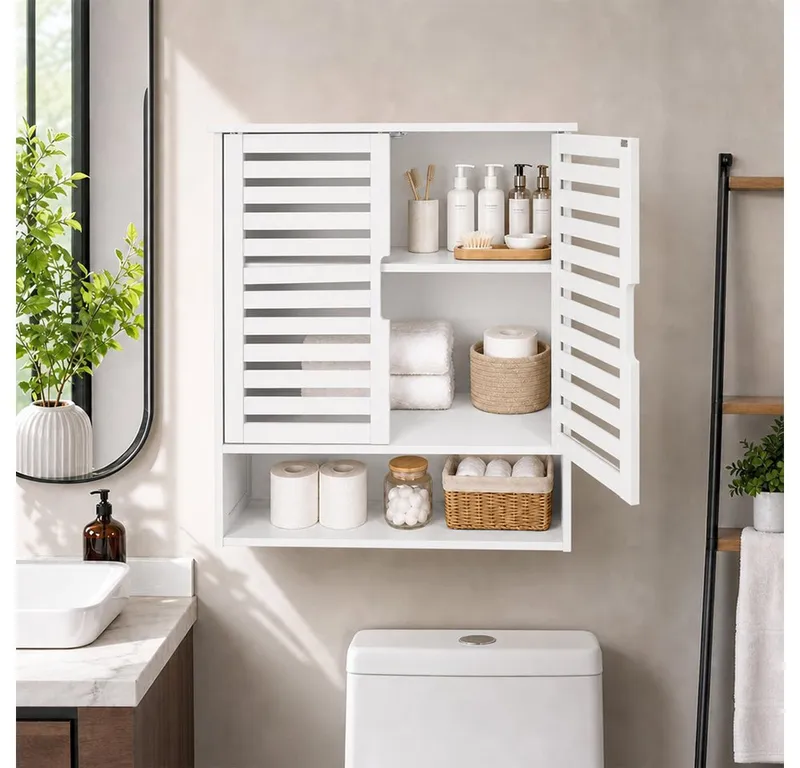 JEOBEST Hängeschrank Badschrank, Bambus Badezimmerschrank, Wandregal (1-St) Platzsparend, Wandschrank mit Doppeltüren, Weiß, – Produktbild 4 von 5