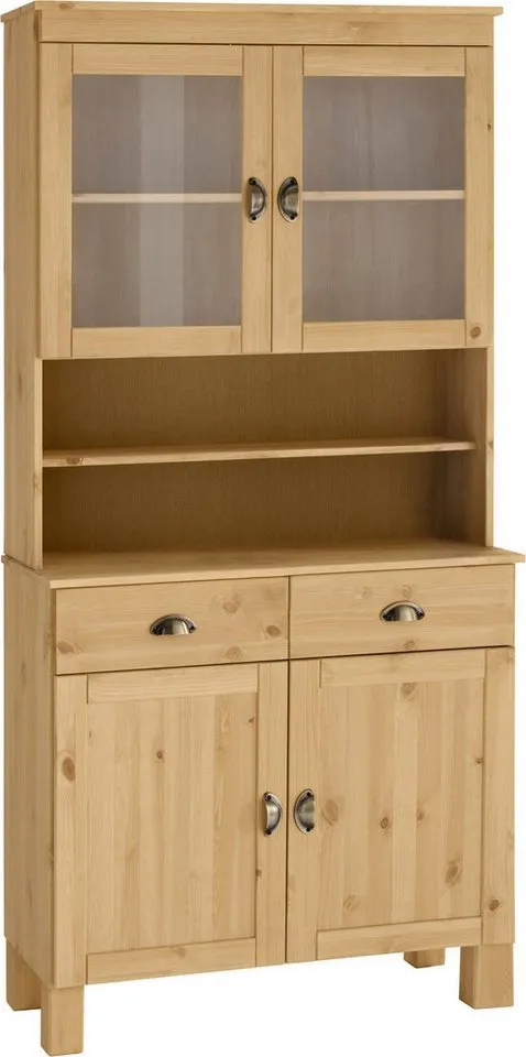 Home affaire Küchenbuffet Oslo 85 cm breit, aus massiver Kiefer, mit 2 Glastüren, Metallgriffe, Beige, – Produktbild 2 von 5