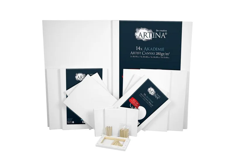 Artina Keilrahmen Akademie Leinwand, 13x18cm, Weiß, 14er Set, FSC, 100% Baumwolle, 280 g/m², vorgrundiert, Galerieheftung & gefaltet, Weiß, – Produktbild 2 von 5