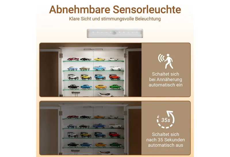 SoBuy Hängevitrine FSB114-E, Wandvitrine mit Sensor-LED-Licht, schmaler Hängeschrank (1er Set) Sammlervitrine mit 2 Glastüren, 4 verstellbaren Glasböden und 4 Haken, Weiß, – Produktbild 4 von 5
