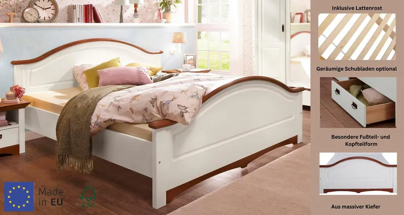 OTTO home Massivholzbett Konrad, hohe Belastbarkeit! FSC® zertifiziertes Massivholz (Breite/Belastbarkeit 180cm/220 KG, 140cm/180 KG), aus massivem Kiefernholz, FSC®-zertifiziert, INKLUSIVE Rollrost, Weiß, – Produktbild 4 von 8
