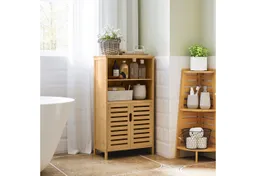 kleankin kleankin Badkommode Beistellschrank, Mehrzweckschrank mit Kippschutz, Landhausstil (Badschrank, 1 St., Badezimmerschrank), Naturholz, 50 x 29 x 92 cm – Produktbild 1 von 1