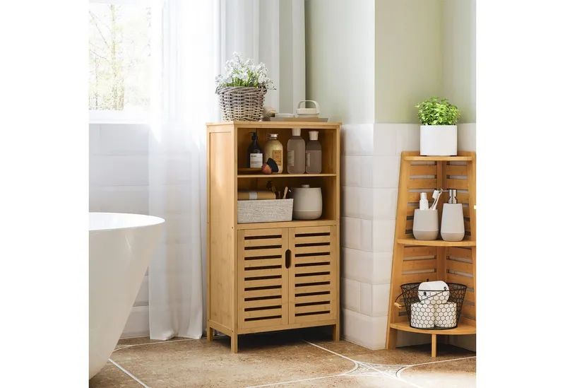 kleankin kleankin Badkommode Beistellschrank, Mehrzweckschrank mit Kippschutz, Landhausstil (Badschrank, 1 St., Badezimmerschrank), Naturholz, 50 x 29 x 92 cm, Beige, – Produktbild 1 von 5