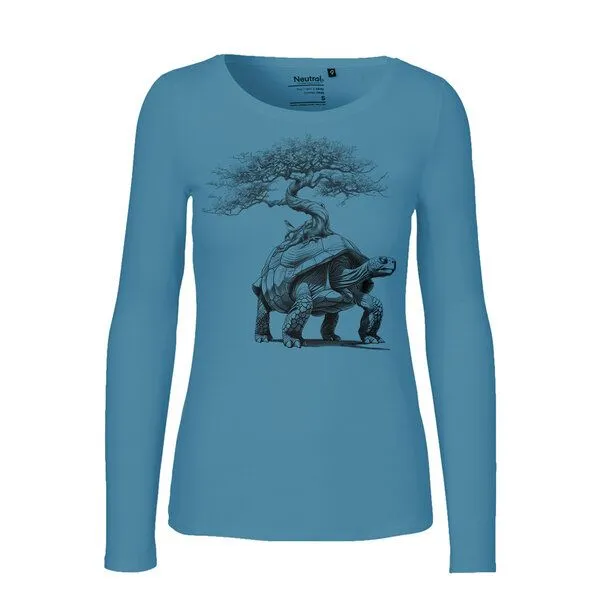 HANDGEDRUCKT HANDGEDRUCKT "Lange Reise" Frauen Longsleeve aus reiner Biobaumwolle (kbA), Dusty indigo, – Produktbild 1 von 3