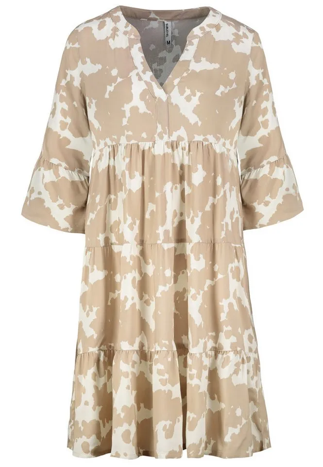 SUBLEVEL Shirtkleid Tropisches Muster, V-Ausschnitt, für Damen (knielang) LENZING™ ECOVERO™ nachhaltig Regulär geschnitten Fit gemustert, Braun, – Produktbild 1 von 3
