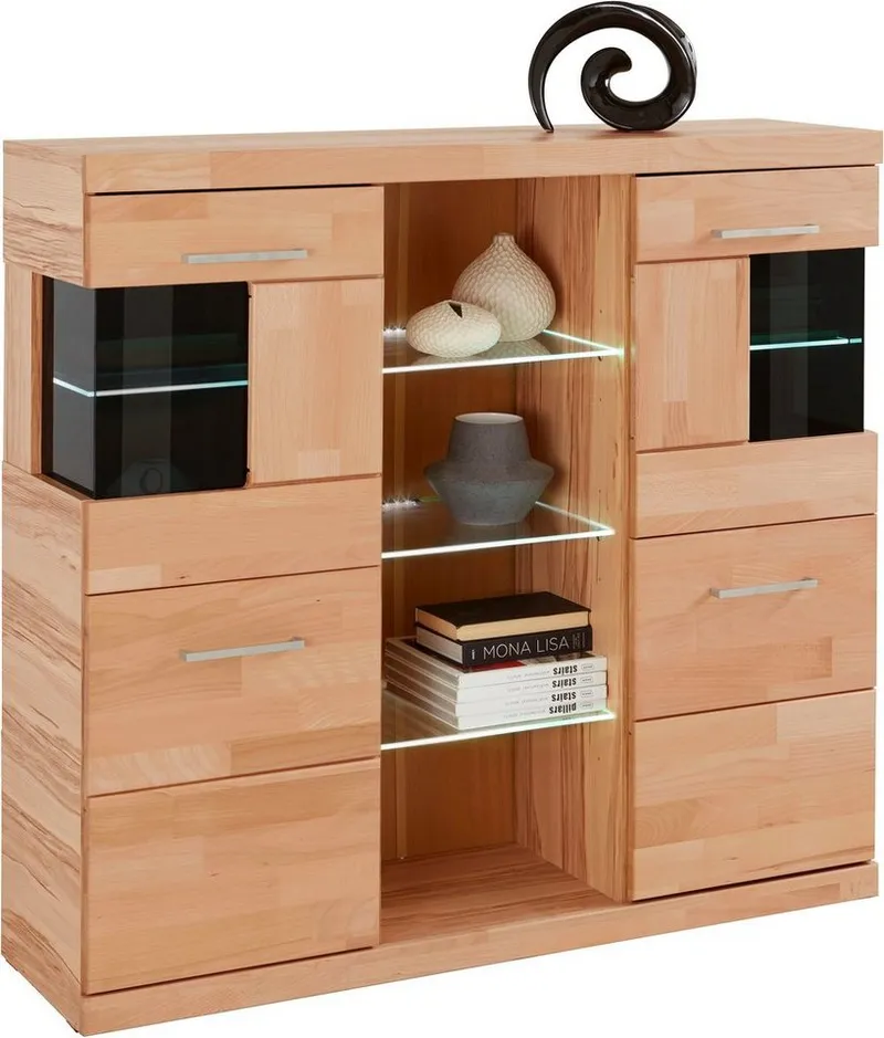 OTTO home Highboard Ribe,120cm breit,112cm hoch,Oberplatte massiv,12 Fächer, Holz massiv, Holzwerkstoff, Metall Griffe,2Türen mit Glaseinsatz, Braun, – Produktbild 8 von 8
