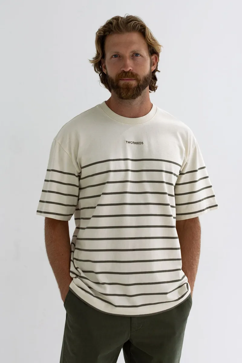 TWOTHIRDS TWOTHIRDS Herren vegan T-Shirt Esker Khaki Streifen, Weiß, – Produktbild 1 von 2