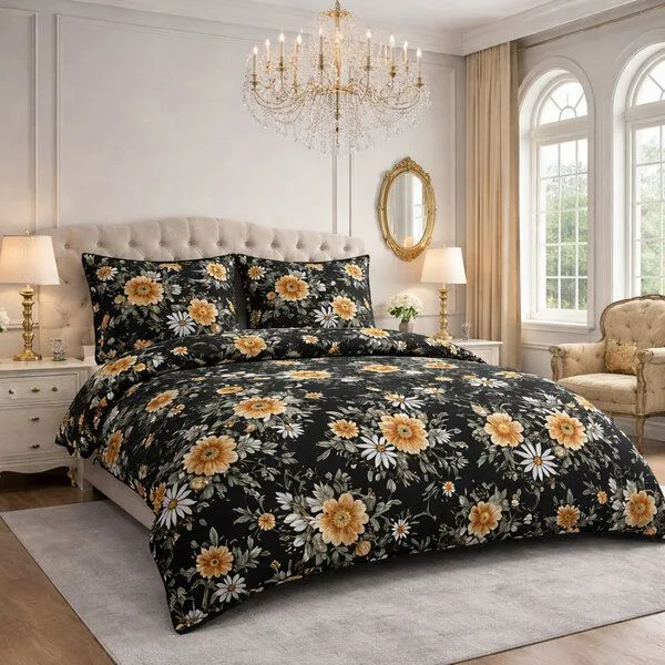 Bruno Barella Bruno Barella Bettwäsche-Set aus Biobaumwolle (Ägäis) – Uni in Warmgrau, Warmbeige & Rosé-Warmgrau sowie Blumenmuster auf Schwarz & Aegean Nature, Natural, – Produktbild 1 von 2