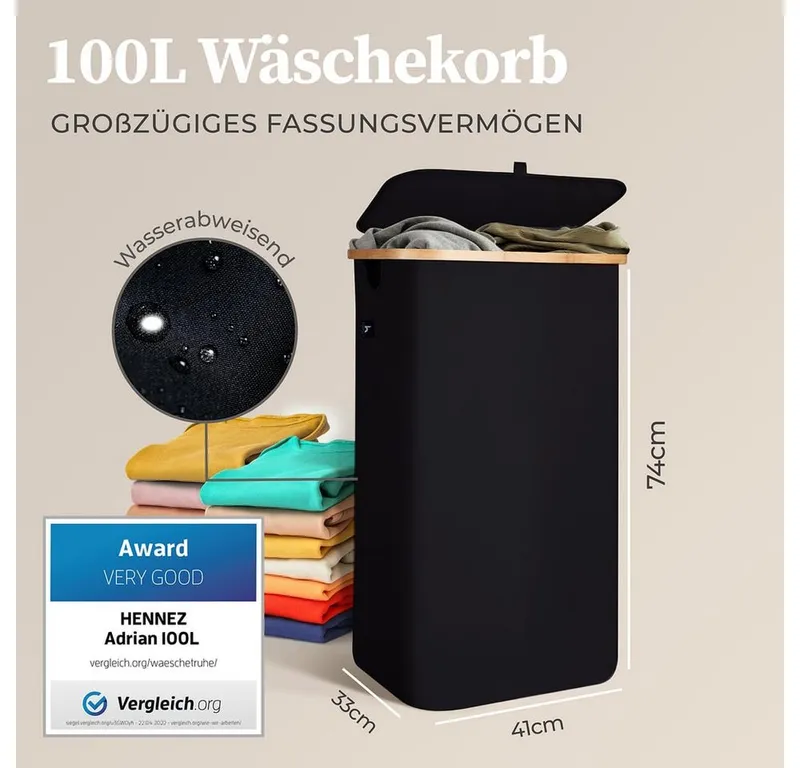 HENNEZ Wäschekorb mit Griff aus Bambus, 100 l – Wäschekorb mit Deckel, Schwarz, – Produktbild 3 von 5