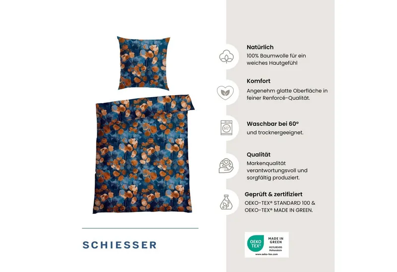 Schiesser Schiesser Bettwäsche Maxima aus weicher Baumwolle mit floralem Muster, Renforcé, 2 teilig, OEKO-TEX® MADE IN GREEN, Blau, – Produktbild 1 von 5
