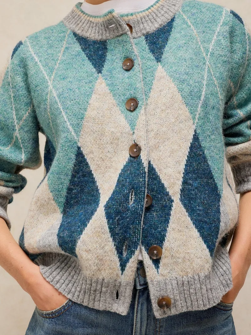 White Stuff Cardigan mit Rautenmuster - 44, Blau multi, – Produktbild 3 von 4