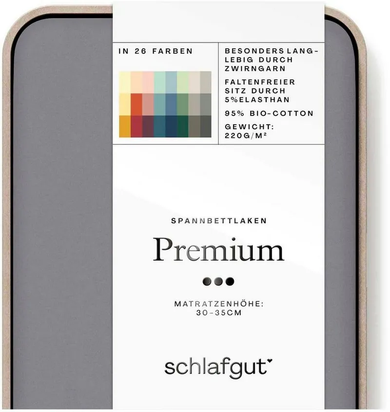 Schlafgut Schlafgut Spannbettlaken PREMIUM Mako-Zwirn-Jersey, 220 g/m², 95% Bio-Baumwolle, 5% Elasthan, Mako-Zwirn-Jersey, Gummizug: rundum, (1 Stück), Bettlaken bis 30 cm Höhe, PREMIUM-Qualität langlebig, perfekter Sitz, Grau, – Produktbild 3 von 5