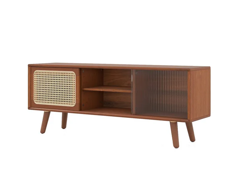 COSTWAY COSTWAY TV-Schrank mit 2 Schiebetüren, Glas und Bambus TV Ständer, Braun, – Produktbild 2 von 5