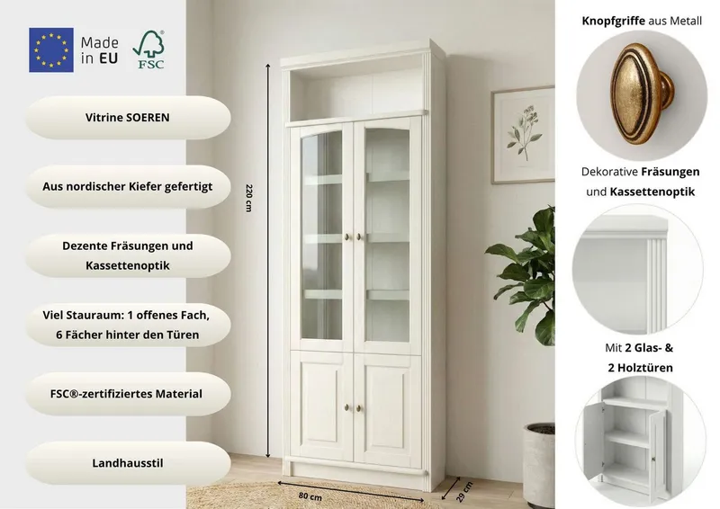OTTO home Vitrine Soeren Regal mit 2 Glastüren und 2 Holztüren, B/TH: 80/29/220 cm Kiefer FSC®-zertifiziert, 1 offenes Fach, 6 Fächer hinter den Türen, Weiß, – Produktbild 3 von 4