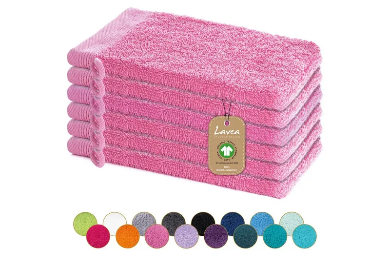 Lavea Waschhandschuh Bali Waschlappen 16x22 cm, Waschhandschuhe, kleine Handtücher, Weiches Bio-Baumwollfrottee (Set, 6-St), Gesichtshandtücher, GOTS-zertifiziert, extra saugstark mit 500g/m², Rosa, – Produktbild 1 von 4