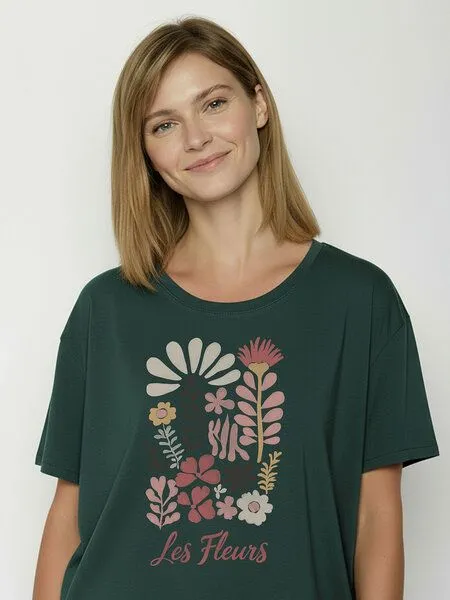 GreenBomb GREENBOMB Les Fleurs Feel - Lässiges T-Shirt aus Bio-Baumwoll-Mix / hochwertiger Print / GOTS / Fair & Vegan, Türkis (petrolgrün), – Produktbild 2 von 4