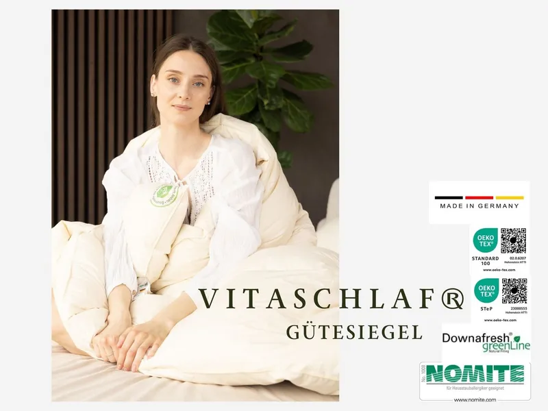 Vitaschlaf Daunenbettdecke Vitaschlaf® BIO-LUXE-KBA Bettdecken für Sommer Winter Ganzjahresdecke, Füllung: 100% Daunen, alle Wärmestufen, Bezug: 100% BIO-BAUMWOLLE, Bettdecke 135x200 cm, 155x220 cm und weitere Größen – Produktbild 4 von 6
