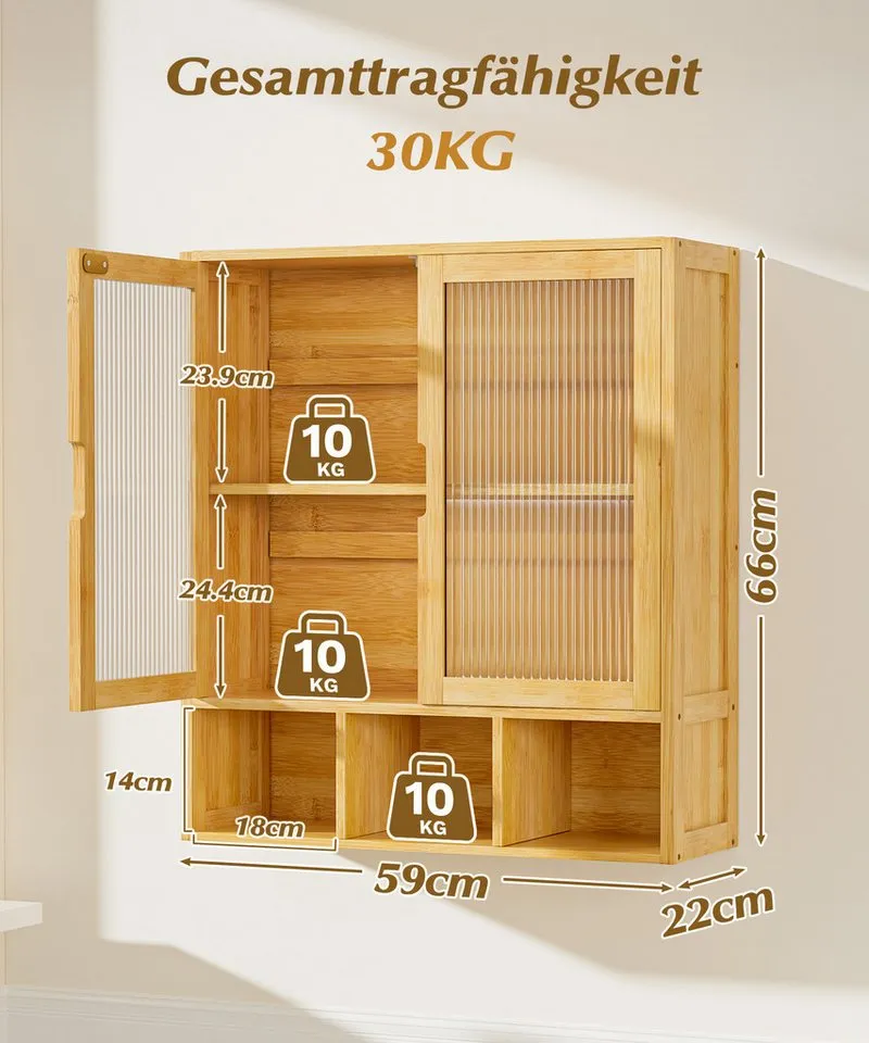 Yorbay Hängeschrank Bambus Badezimmerschrank (59x22x66 cm, Magnetverschluss & verstellbare Regale) Wandschrank mit Doppeltüren, Bambus, – Produktbild 5 von 5