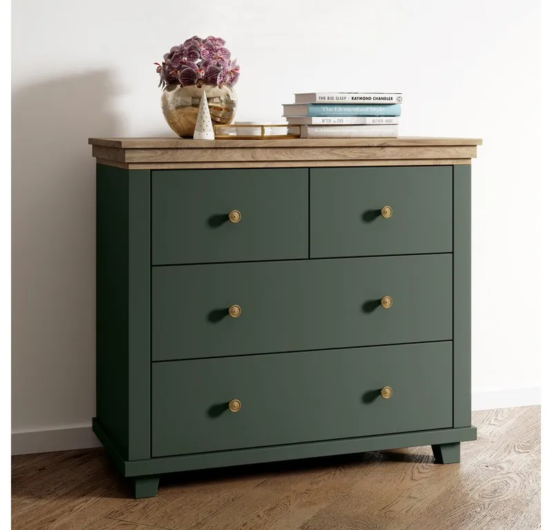 Lomadox Kommode EPSOM-83, grün mit Lefkas Eiche Nb. 90/80,5/42 cm, Grün, – Produktbild 2 von 5