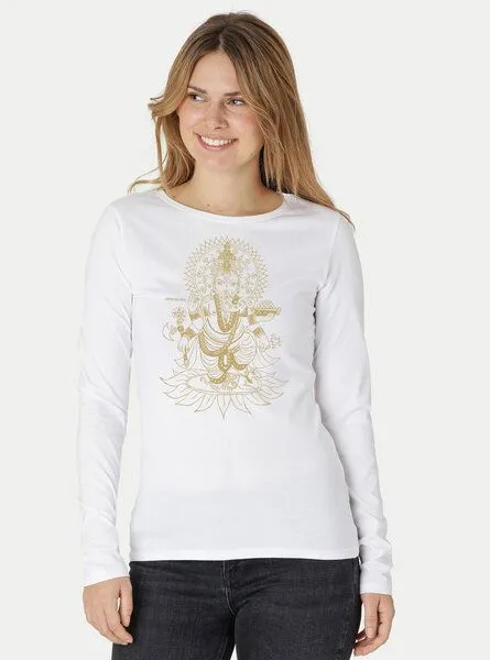 Peaces.bio - handbedruckte Biomode Peaces.bio - handbedruckte Biomode Bio-Damen-Langarmshirt Ganesha, Weiss, – Produktbild 1 von 2
