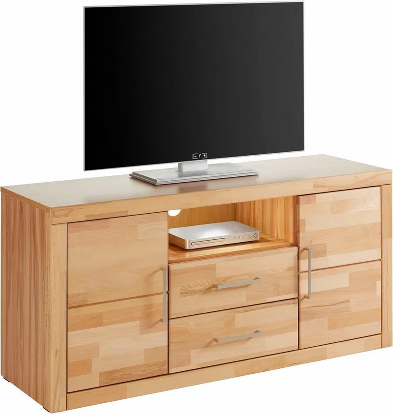 OTTO home Lowboard Logo,130cm breit, Fronten Massivholz,5 Fächer, Holz massiv, Holzwerkstoff, Metall Griffe,2 Türen,2 Schubladen, Braun, – Produktbild 2 von 9