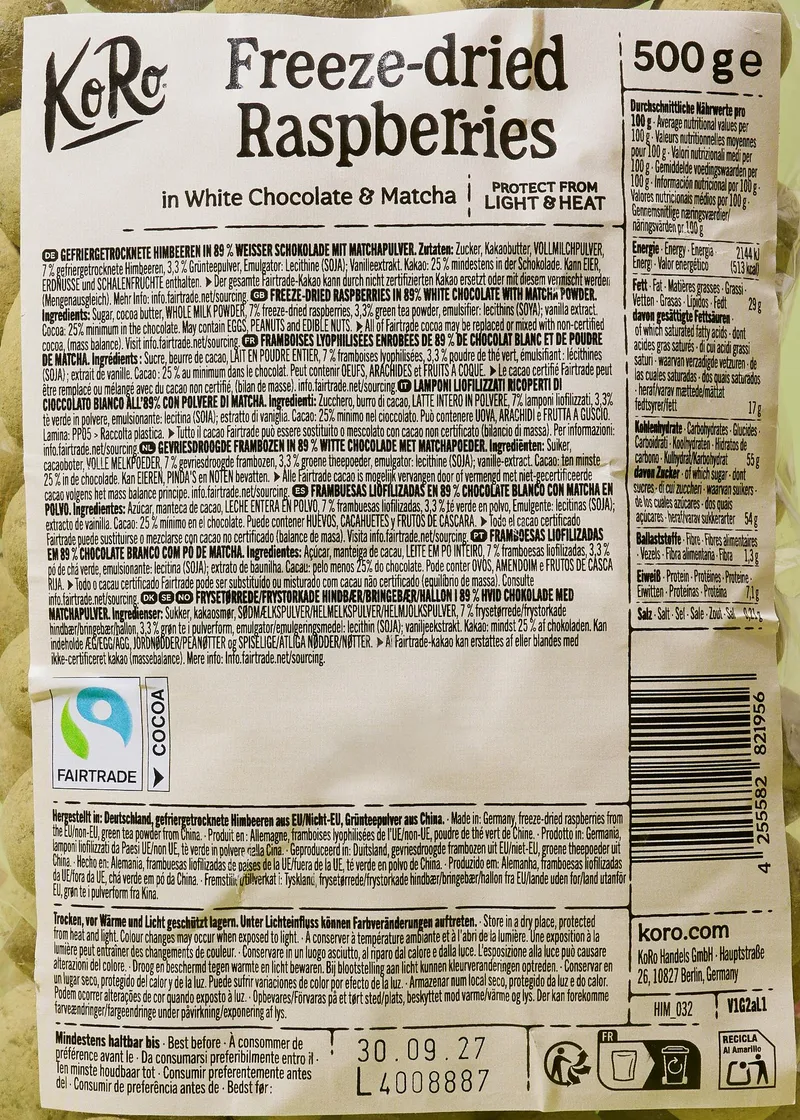 KoRo Gefriergetrocknete Himbeeren in weißer Schokolade mit Matchapulver | 500 g – Produktbild 5 von 5