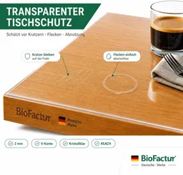 BioFactur BioFactur Tischdecke Tischfolie Transparent Glasklar 2 mm, 45° V-Kante, Schutzfolie (Packung), Kratzfest, geruchlos, abwaschbar, lebensmittelecht, REACH-konform – Produktbild 1 von 1