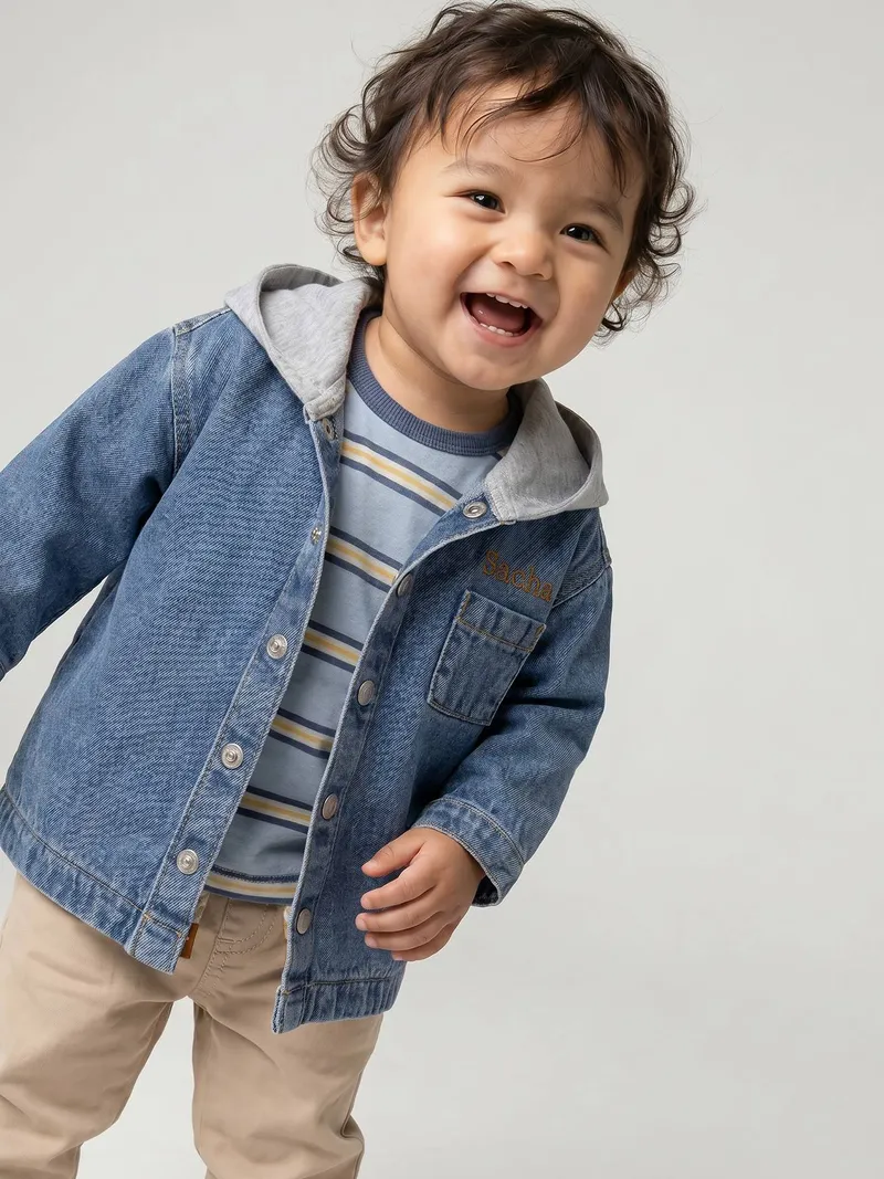 Vertbaudet Baby Jeanshemd mit Kapuze, Blue stone, – Produktbild 1 von 4