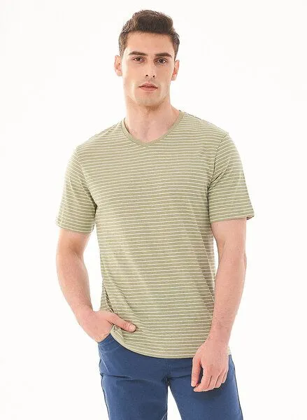 ORGANICATION ORGANICATION Gestreiftes T-Shirt aus Bio-Baumwolle und Leinen, Grün(olive), – Produktbild 1 von 4