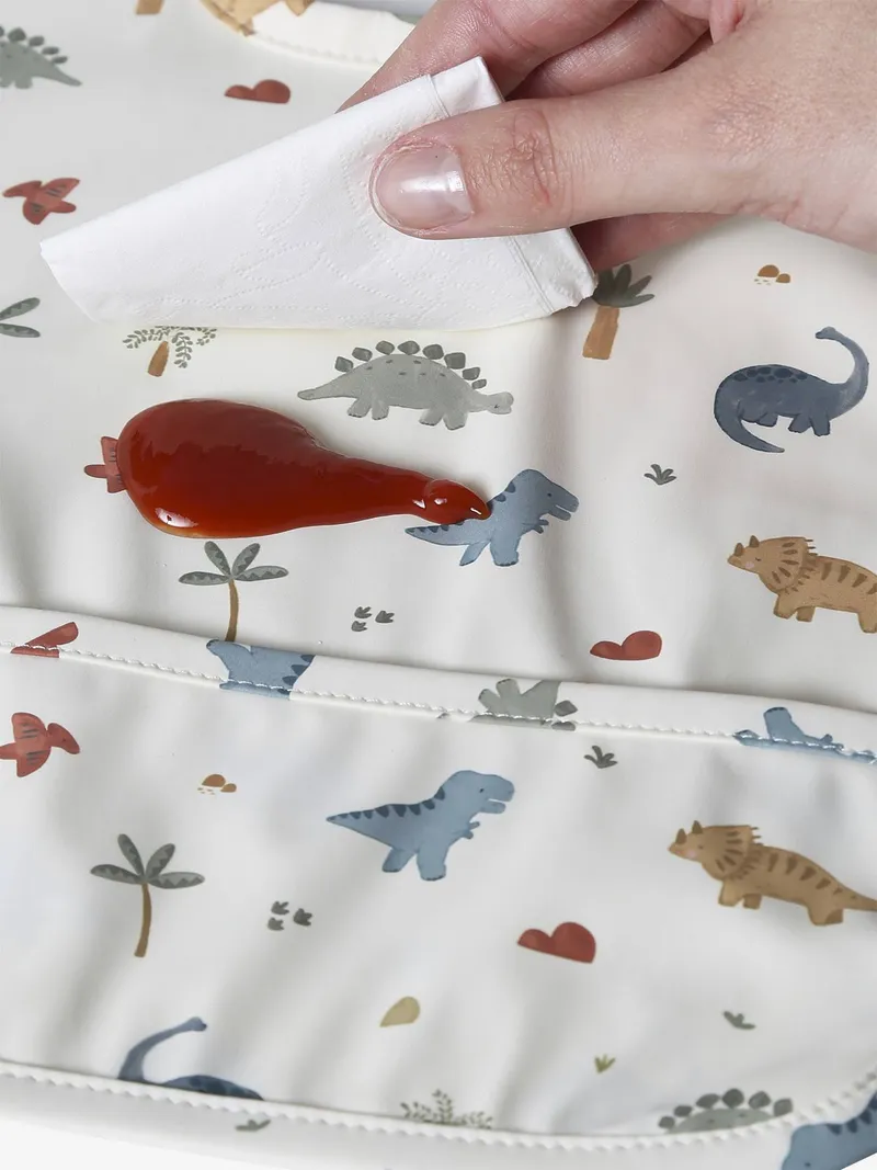 Vertbaudet Baby Lätzchen mit Auffangtasche, Weiß bedruckt dino, – Produktbild 4 von 4