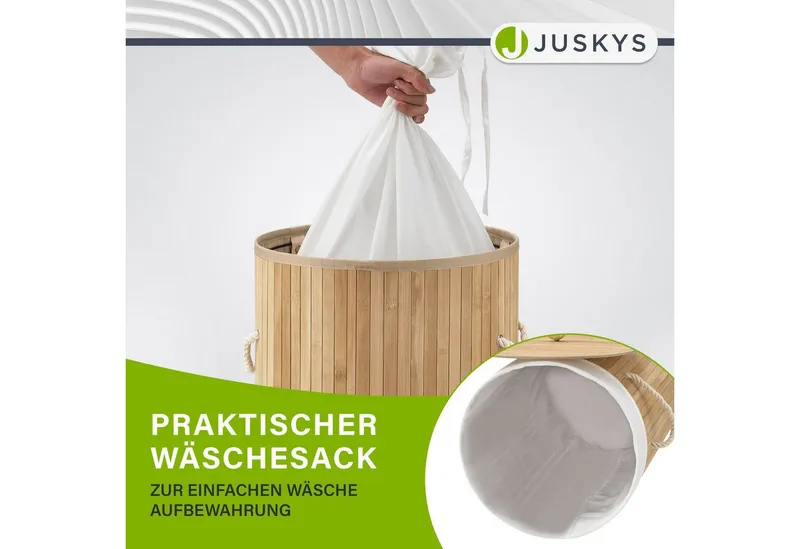 Juskys Wäschekorb Curly-Round 55 L in Natur aus Bambus mit Deckel & Wäschesack, Wäschesammler für 2 Personen, schmal mit Ø 35 x 60 cm & Kordelgriffen, Beige, – Produktbild 4 von 5