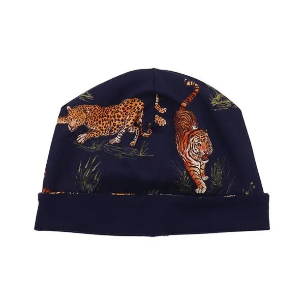 Walkiddy Beanie Dunkelblau Tiger & Leopard Allover Bio-Baumwolle GOTS weich – Walkiddy – Produktbild 2 von 2
